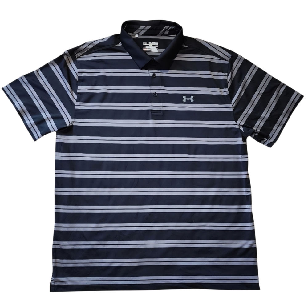 Under Armour 2XL Black Gray Striped Polo Shirt XXL Heatgear Performance Wear